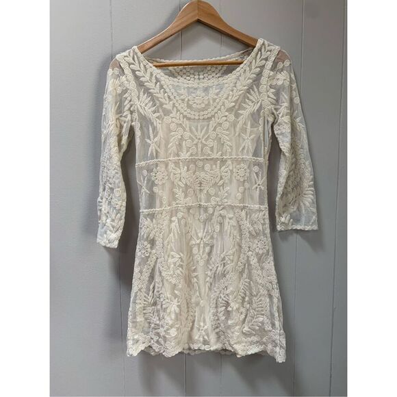 Express Women's Party Boho Dress Ivory Lace Overlay Fit & Flare Slip Size S - Picture 3 of 9